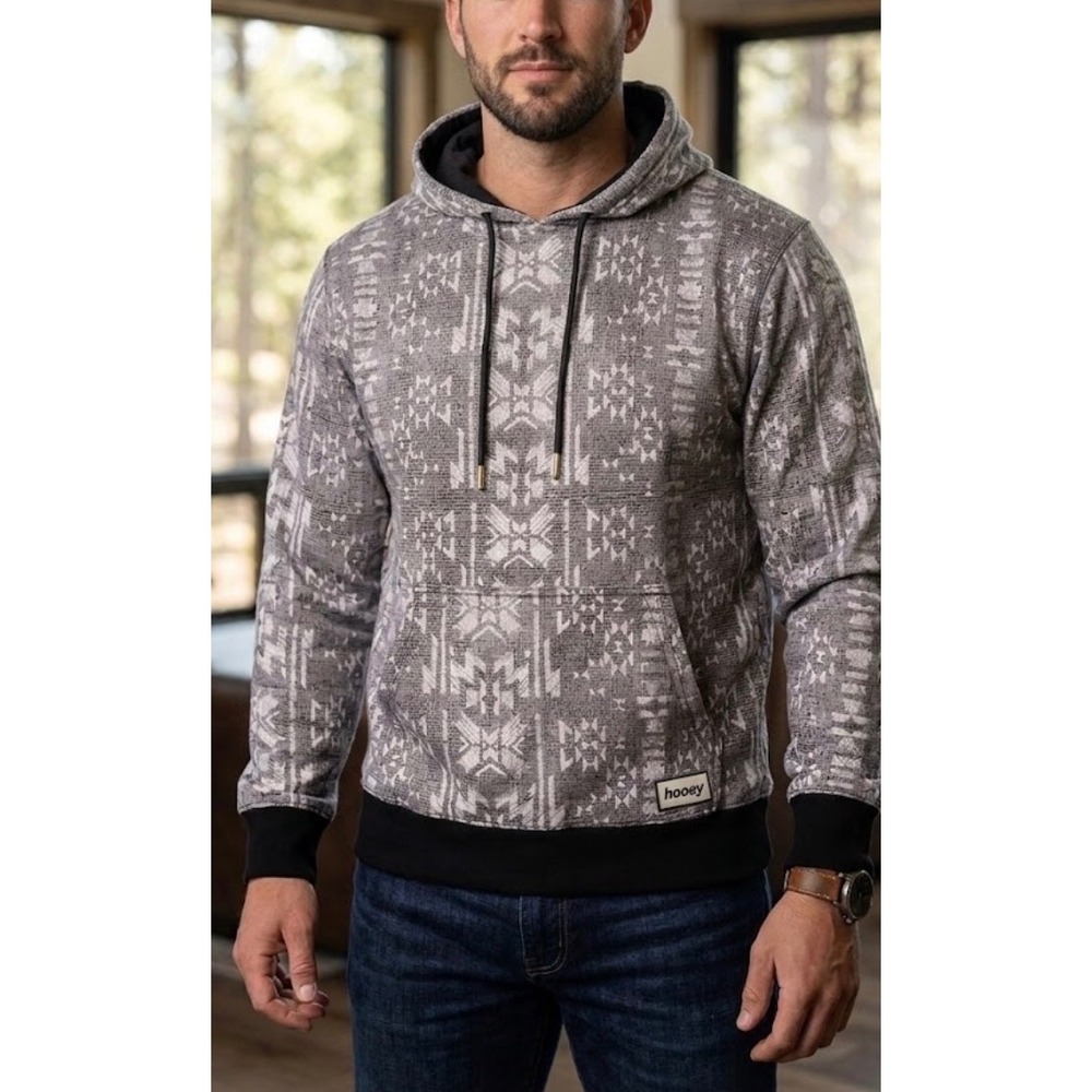 Hooey Mens Aztec Print Pullover Hoodie‎ Grey Black Western Sweatshirt XL